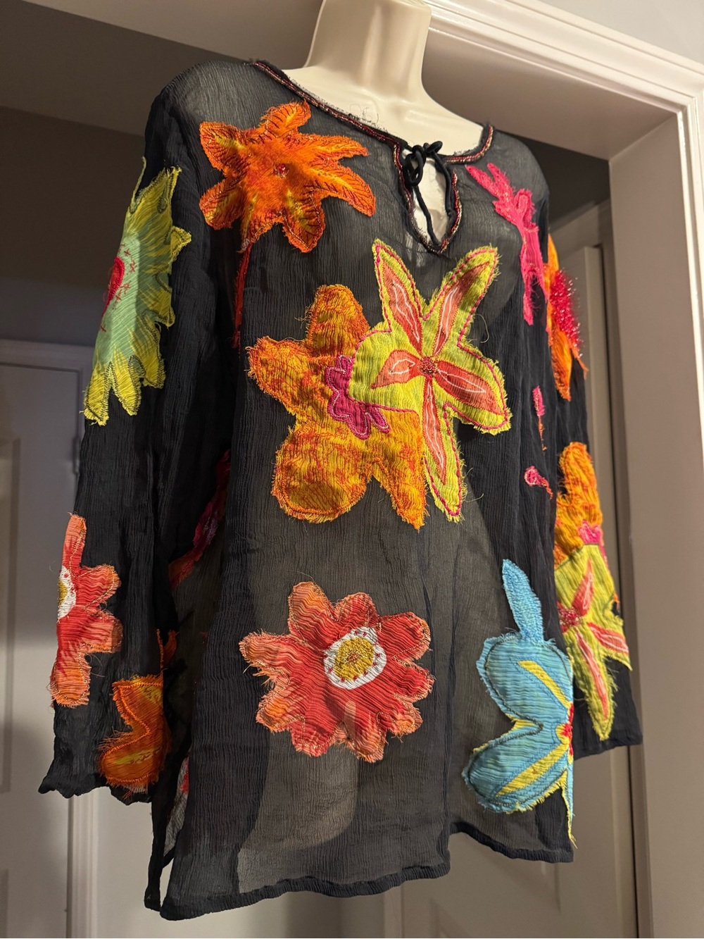 Vintage Chico’s 100% Silk Floral Appliqué Sheer Blouse Art to Wear Boho